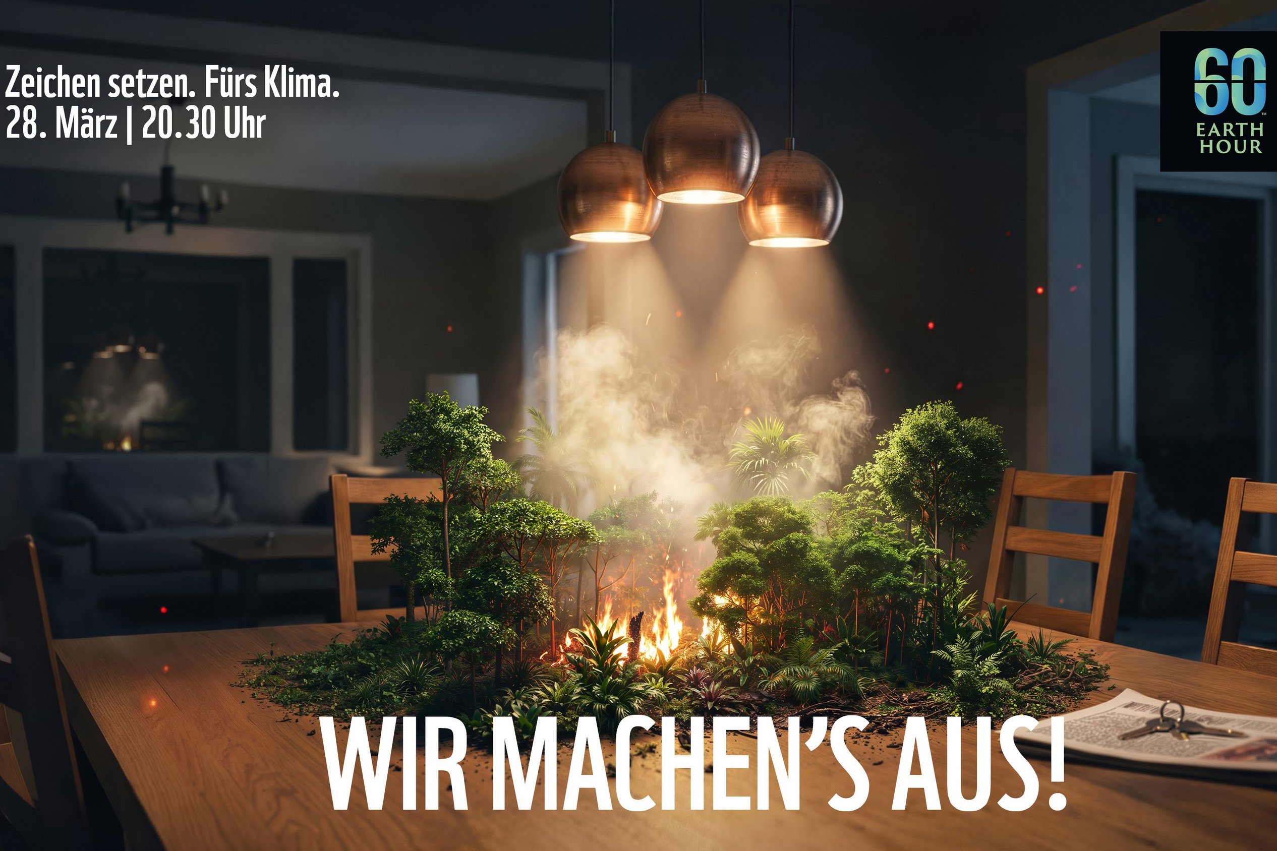 Grafik zur Earth Hour- Regenwald auf einem Esstisch steht in Brand