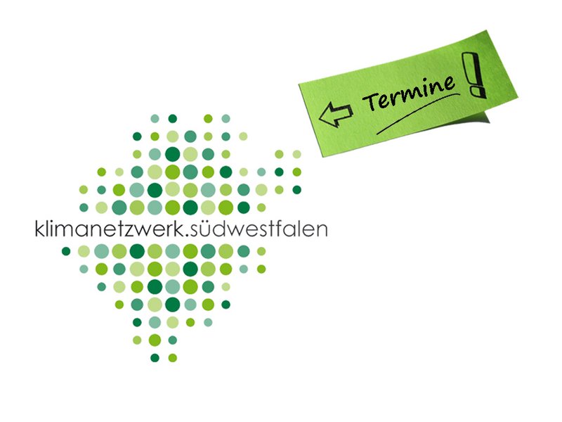 Punkte ins verschiedenen Grüntönen, in der Mitte steht Klimanetzwerk Südwestfalen mit einer Notiz "Termine"