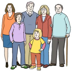 Illustration: Eine Familie mit Kindern, Eltern und Großeltern