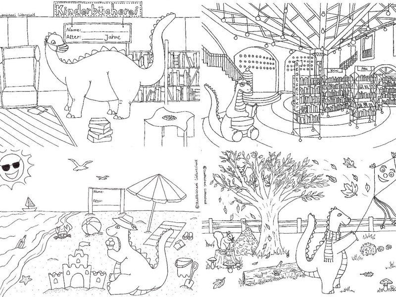 Eine Collage der Ausmalbilder mit dem Dino