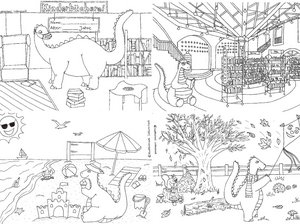 Eine Collage der Ausmalbilder mit dem Dino