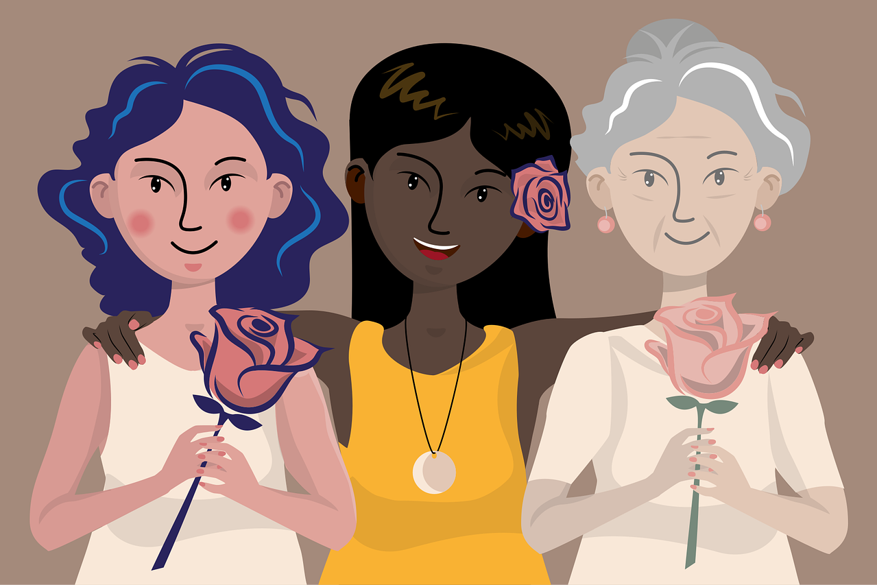 Grafik mit drei Frauen, die eine Rose in der Hand halten.