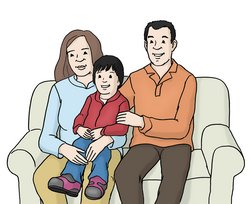 Illustration: Eltern mit einem Kind auf dem Sofa