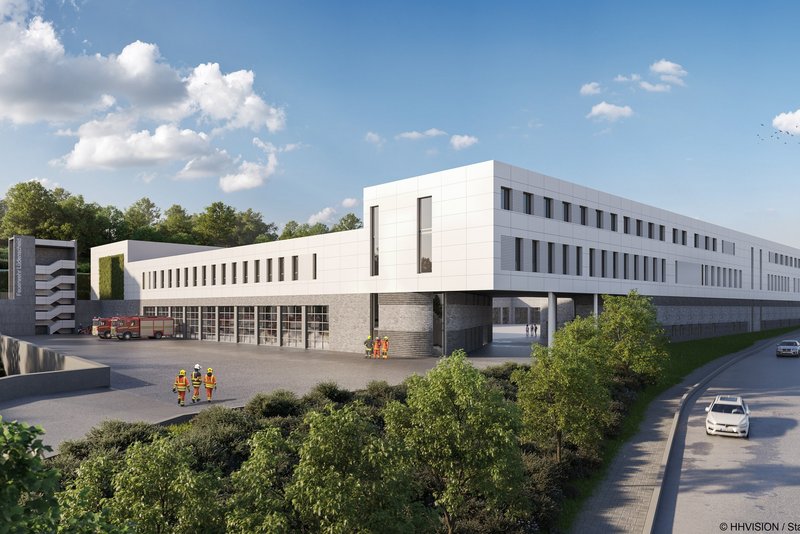 Visualisierung der künftigen Feuer- und Rettungswache der Stadt Lüdenscheid an der Wiesenstraße. Grafik: HHVISION