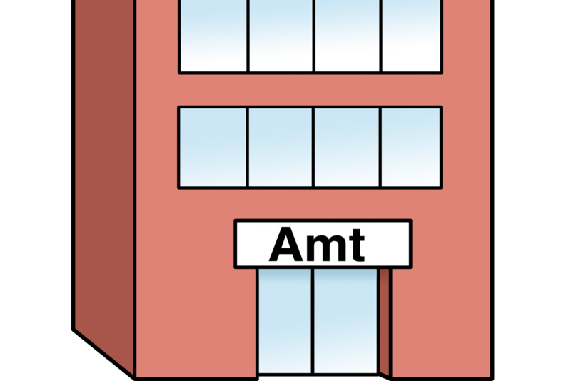 Illustration: Gebäude mit der Aufschrift "Amt"
