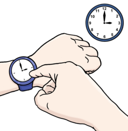Illustration: Armbanduhr und Wanduhr zeigen 15 Uhr