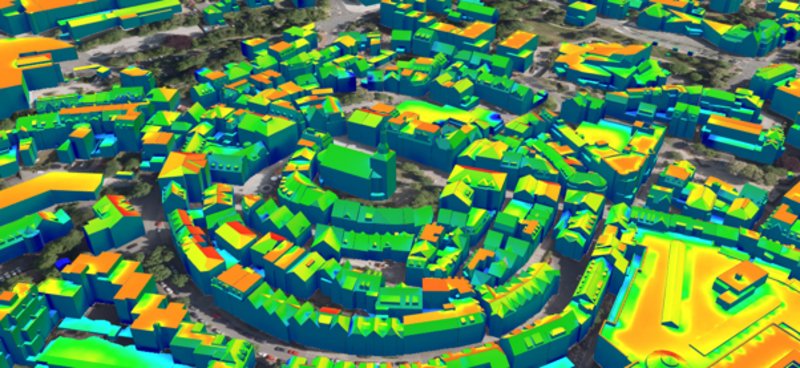 Draufsicht auf Altstadt mit Kennzeichnung für Solarpotential