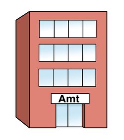 Illustration: Gebäude mit der Aufschrift "Amt"