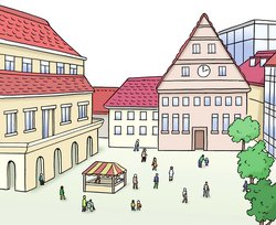 Illustration: Stadt mit Marktplatz und verschiedenen Gebäuden