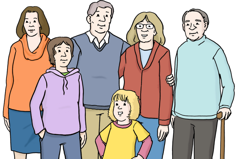 Eine Familie mit Kindern, Eltern und Großeltern