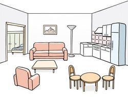Illustration: Wohnzimmer und Küche in einer Wohnung