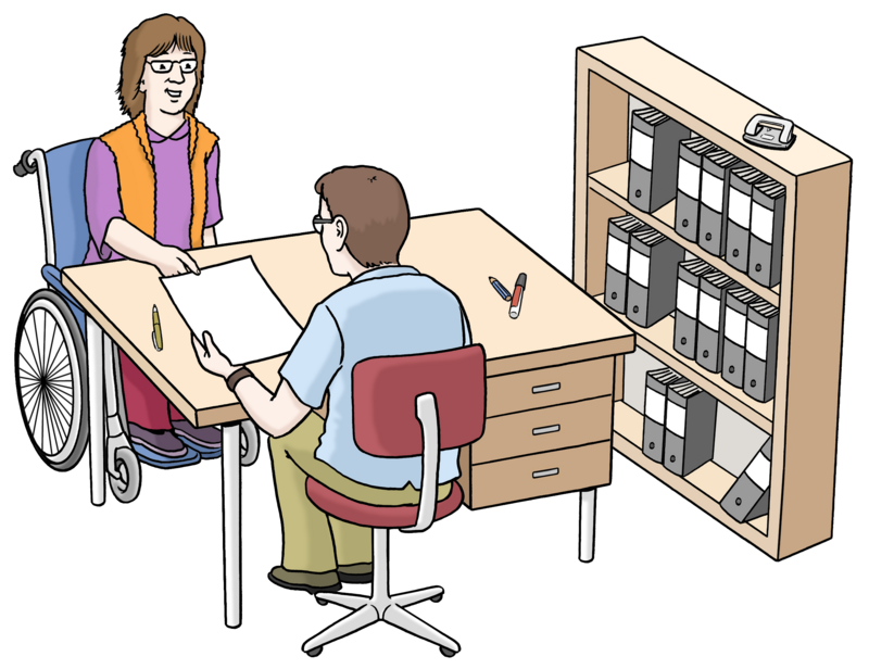 Illustration: Eine Frau im Rollstuhl spricht mit einem Mann am Schreibtisch