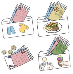 Illustration: Vier Geldstapel für verschiedene Ausgaben