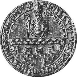 Das Foto zeigt das älteste erhaltene Stadtsiegel Lüdenscheids mit Medardus und der Stadtmauer