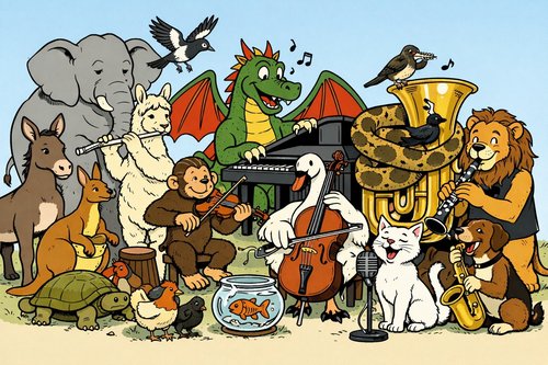 Ein KI-generiertes Bild mit musizierenden, kindlich gezeichneten Tieren