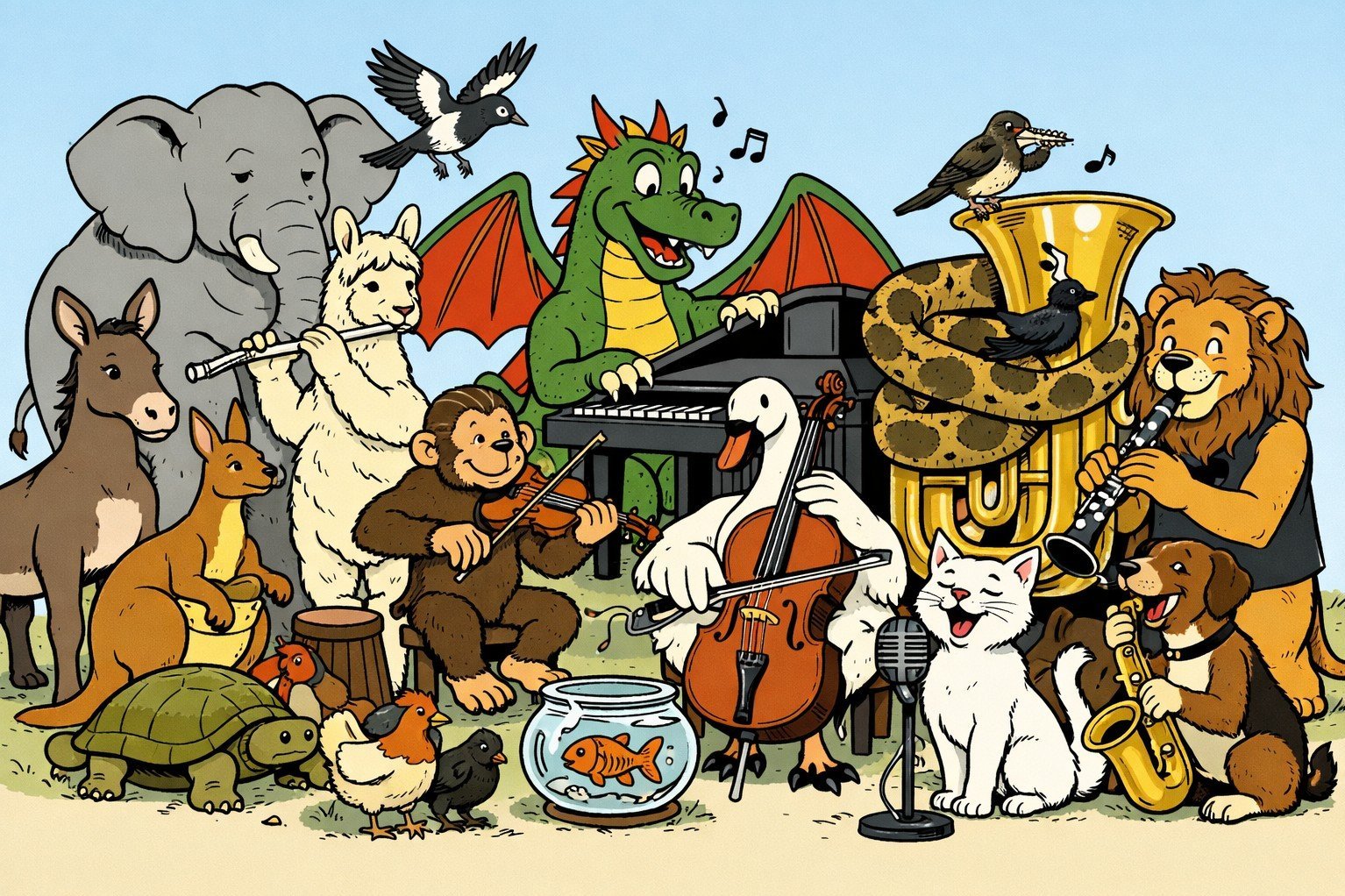 Ein KI-generiertes Bild mit musizierenden, kindlich gezeichneten Tieren