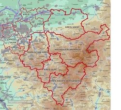 Übersichtskarte des Regierungsbezirk Arnsberg und die Kernregion Südwestfalen