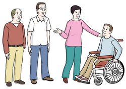 Illustration: Vier Personen unterhalten sich. Eine davon sitzt im Rollstuhl.