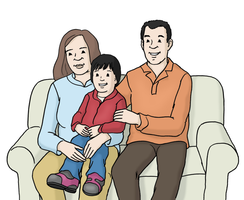 Eltern sitzen mit einem Kind auf dem Sofa