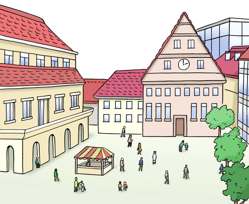Illustration: Stadt mit Markplatz und mehreren Häusern