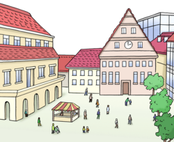 Illustration: Stadt mit Markplatz und mehreren Häusern