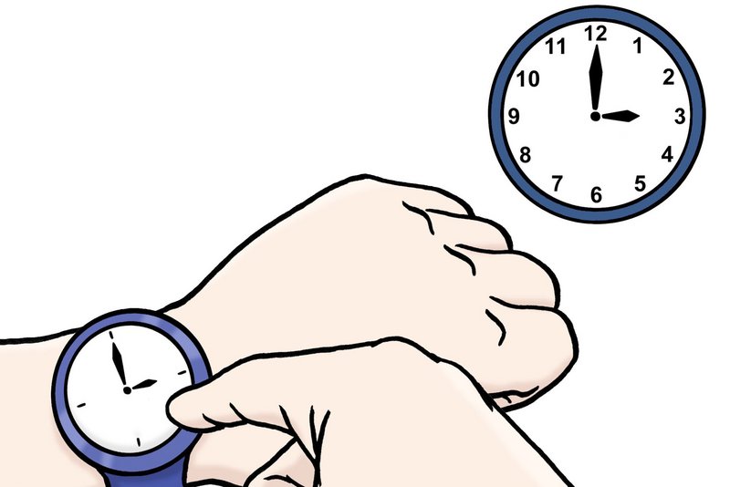 Illustration: Armbanduhr und Wanduhr zeigen 15 Uhr