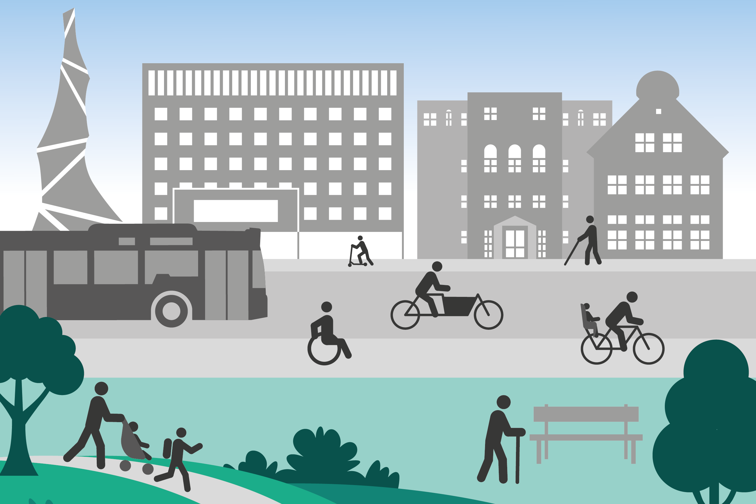 Grafik mit verschiedenen Verkehrsformen im Stadtbild