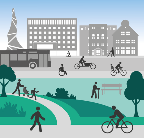 Grafik mit verschiedenen Verkehrsformen im Stadtbild