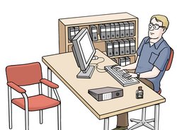 Illustration: Ein Mann sitzt im Büro am Schreibtisch und arbeitet am Computer