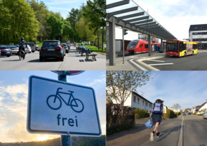 Eine vierteilige Collage zeigt Bilder zum Rad-, Fuß- und Individualverkehr mit dem Auto sowie zum ÖPNV.