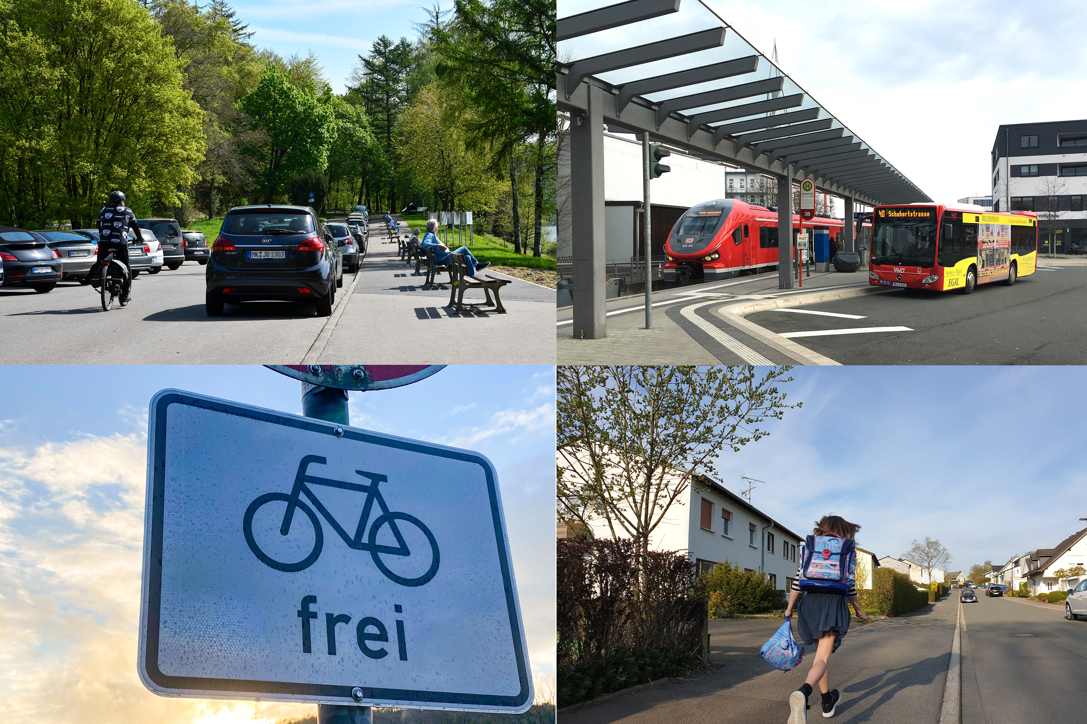 Eine vierteilige Collage zeigt Bilder zum Rad-, Fuß- und Individualverkehr mit dem Auto sowie zum ÖPNV.