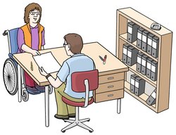 Illustration: Frau im Rollstuhl spricht mit einem Mann am Schreibtisch