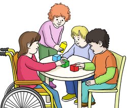 Illustration: Vier Kinder spielen zusammen an einem Tisch