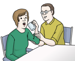 Illustration: Ein Mann hilft einer Frau beim Trinken