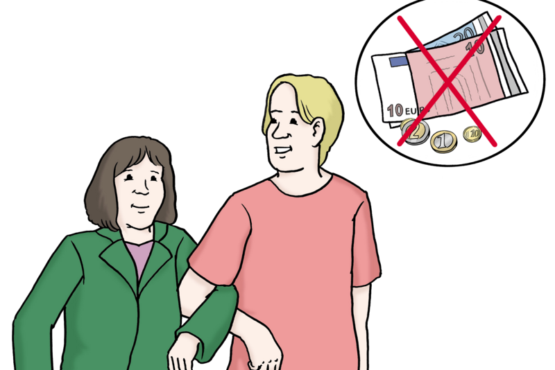 Ein junger Mann geht mit einer alten Frau spazieren