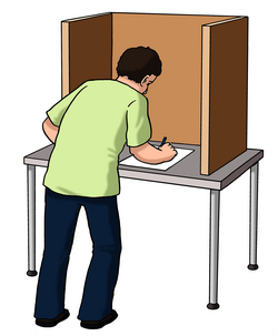 Illustration: Ein Mann macht in der Wahlkabine sein Kreuz auf dem Wahlschein