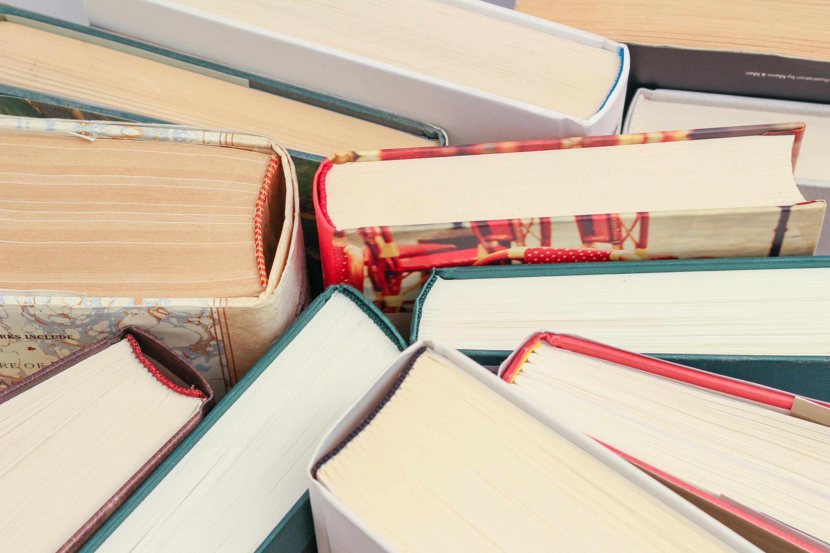 Blick von oben auf mehrere aufgestellte Taschenbücher.