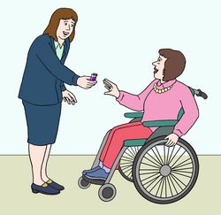 Illustration: Eine Frau gibt einer andern Frau im Rollstuhl einen kleinen Gegenstand