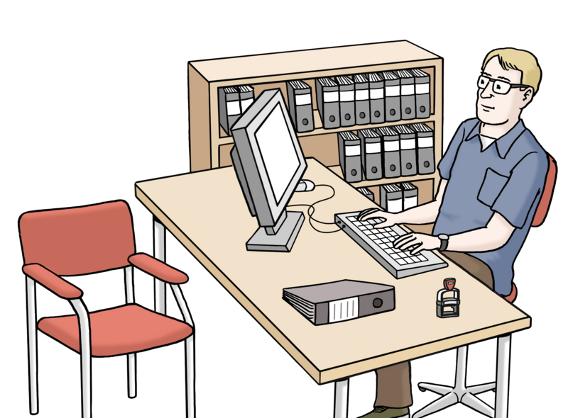 Illustration: Mann sitzt an einem Büro-Schreibtisch und arbeitet am Computer