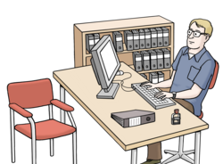 Illustration: Mann sitzt an einem Büro-Schreibtisch und arbeitet am Computer
