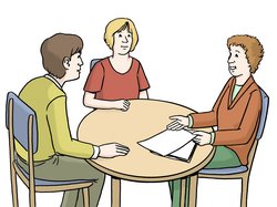 Illustration: Drei Personen sitzen für ein Beratungsgespräch an einem runden Tisch
