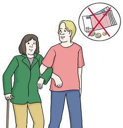 Illustration: Ein junger Mann geht mit einer alten Frau spazieren