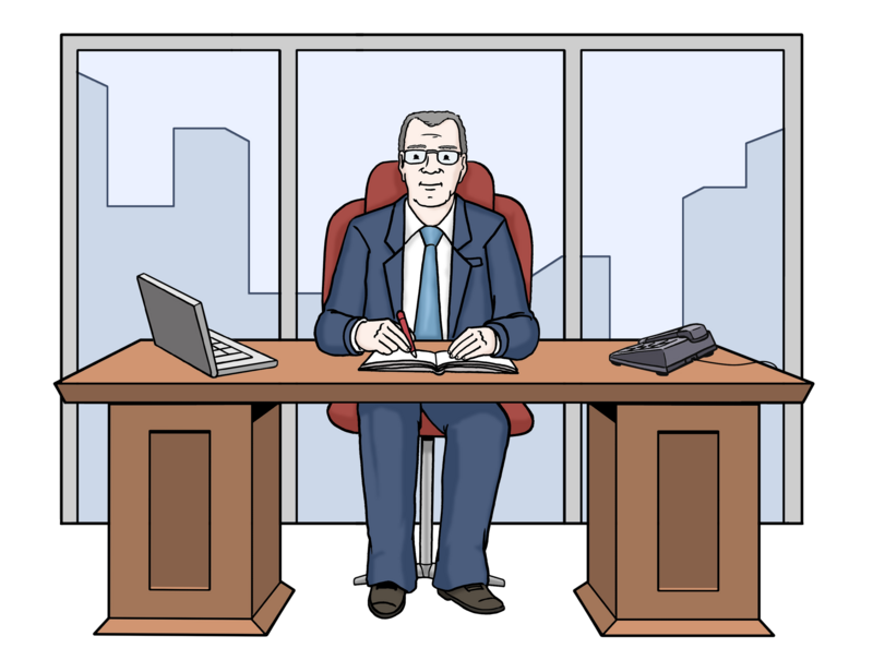 Illustration: Der Bürgermeister sitzt an seinem Schreibtisch