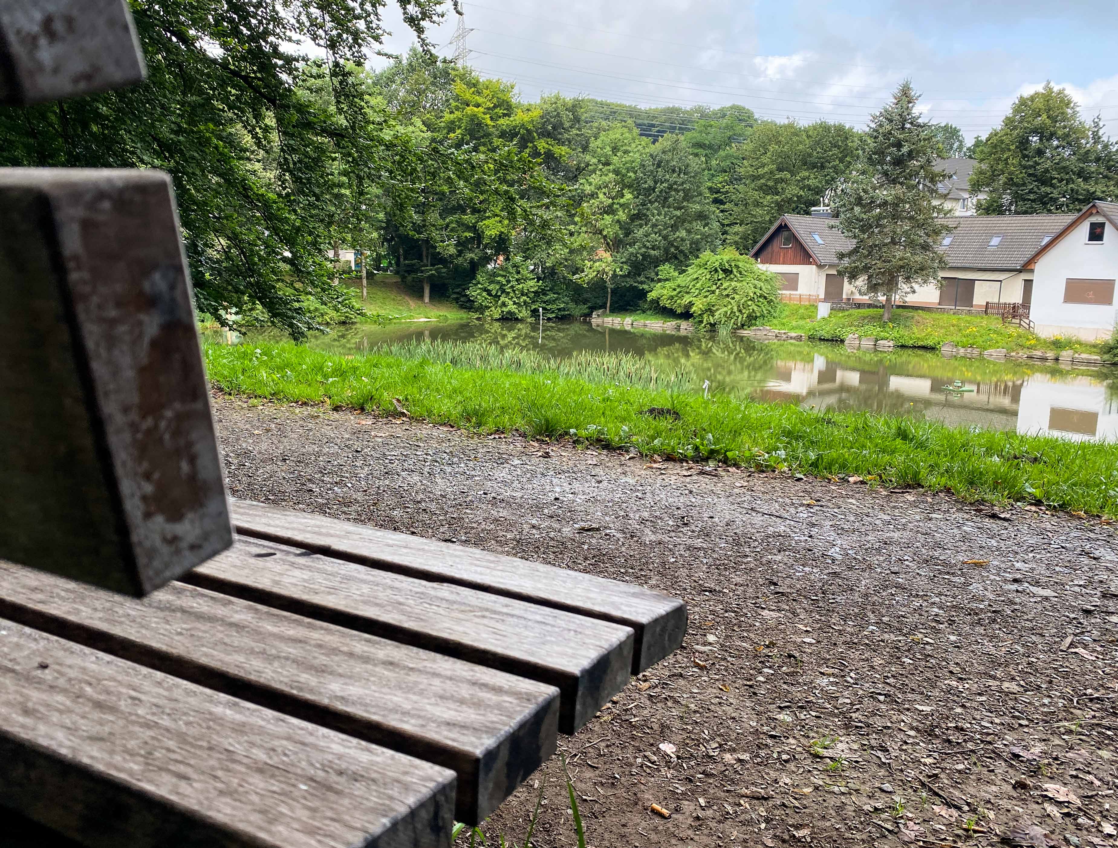 Blick auf den Lenneteich und das dazugehörige Bürgerhaus. Im Vordergrund ist eine Sitzbank zu sehen. Foto: Sven Helmig
